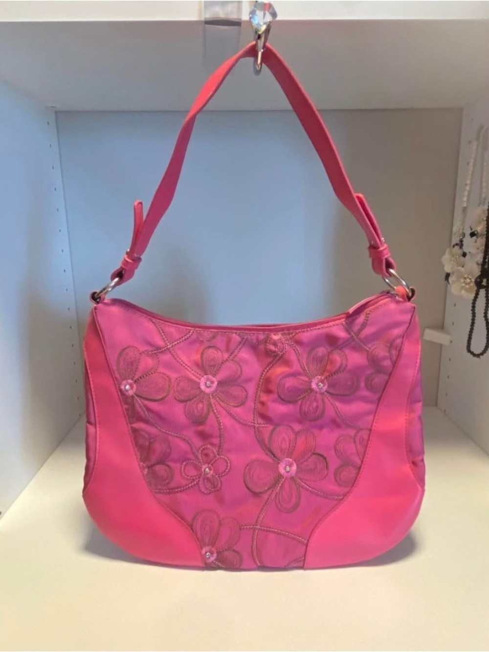 Pink Floral Embroidered Shoulder Bag